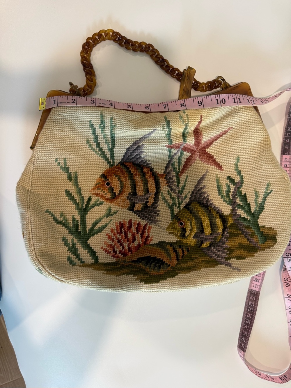Vintage Embroidered Fish Motif Shoulder Bag Handle Bag - Beige - Picture 12 of 16